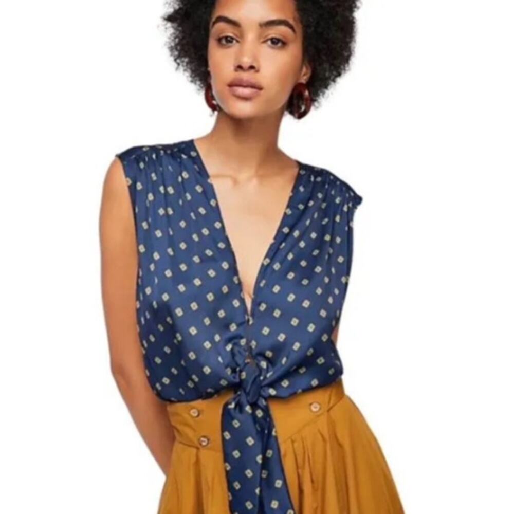 Free People Mornings In Marrakesh Navy Tie Front Sleeveless Satin Blouse Top M